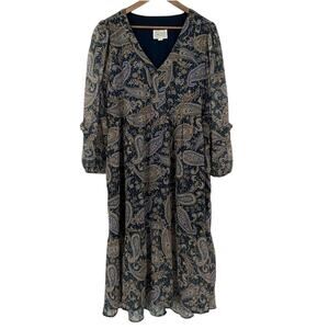 DESTINATION 36 NWOT Printed Chiffon V Neck Long Sleeve Dress Navy Large Petite